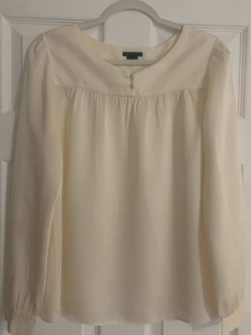 Theory Cream Long-Sleeve 100% Silk Blouse